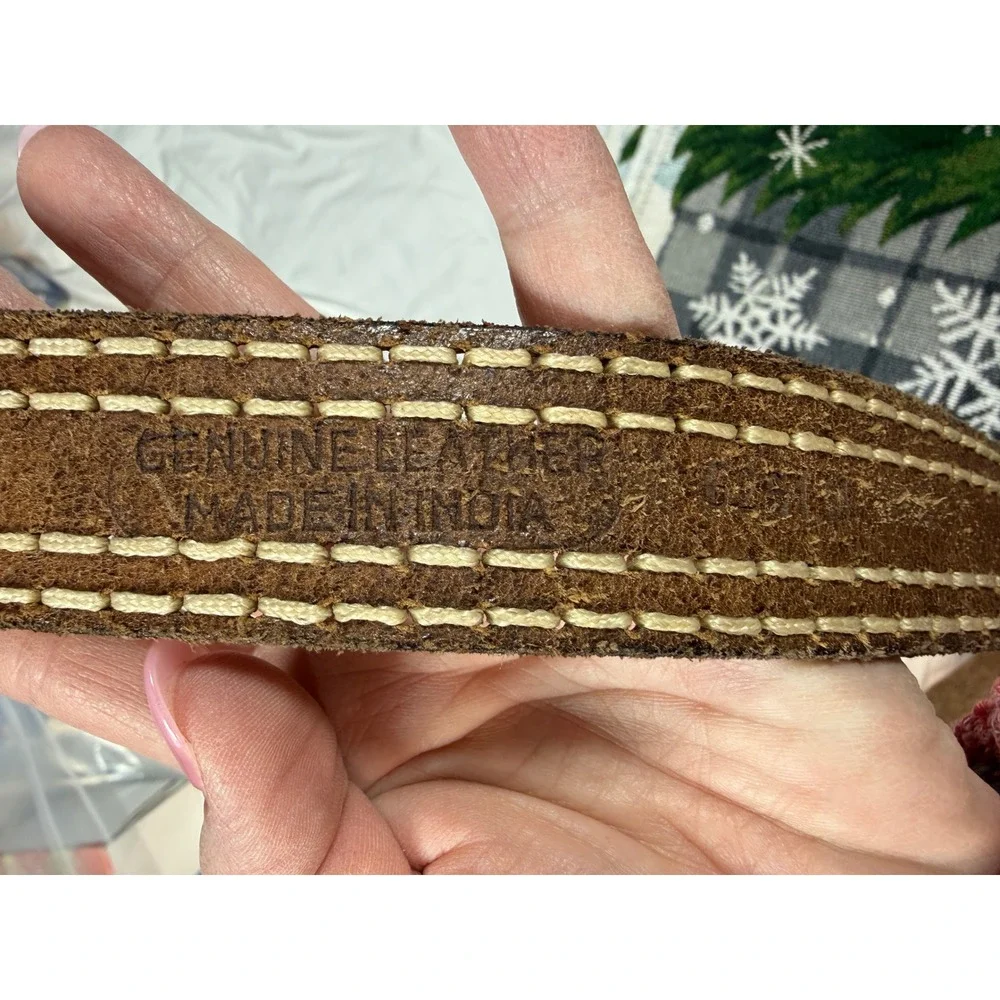 Vintage Brown Leather Whipstitch Belt Brass Buckle Boho Western 36 Inch